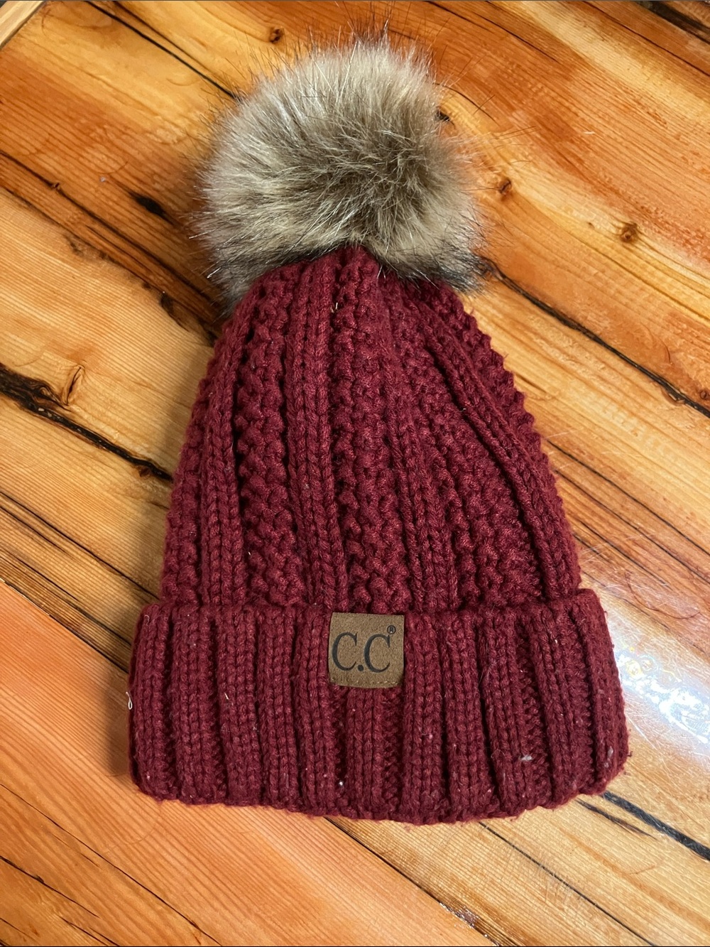 C.C Kids Cable Knit Pom Beanie - Wine with Faux Fur Pom